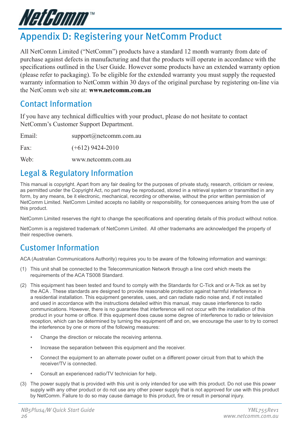 Appendix d: registering your netcomm product, Contact information, Legal & regulatory information | Customer information | NetComm NB5Plus4 User Manual | Page 26 / 28
