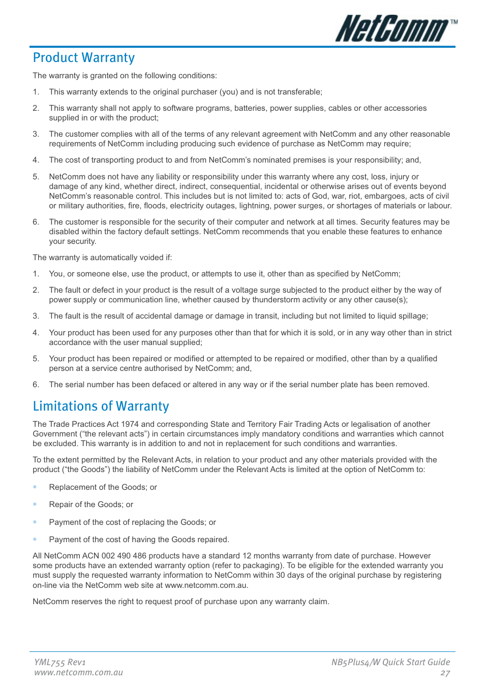 Product warranty, Limitations of warranty | NetComm NB5Plus4 User Manual | Page 27 / 28