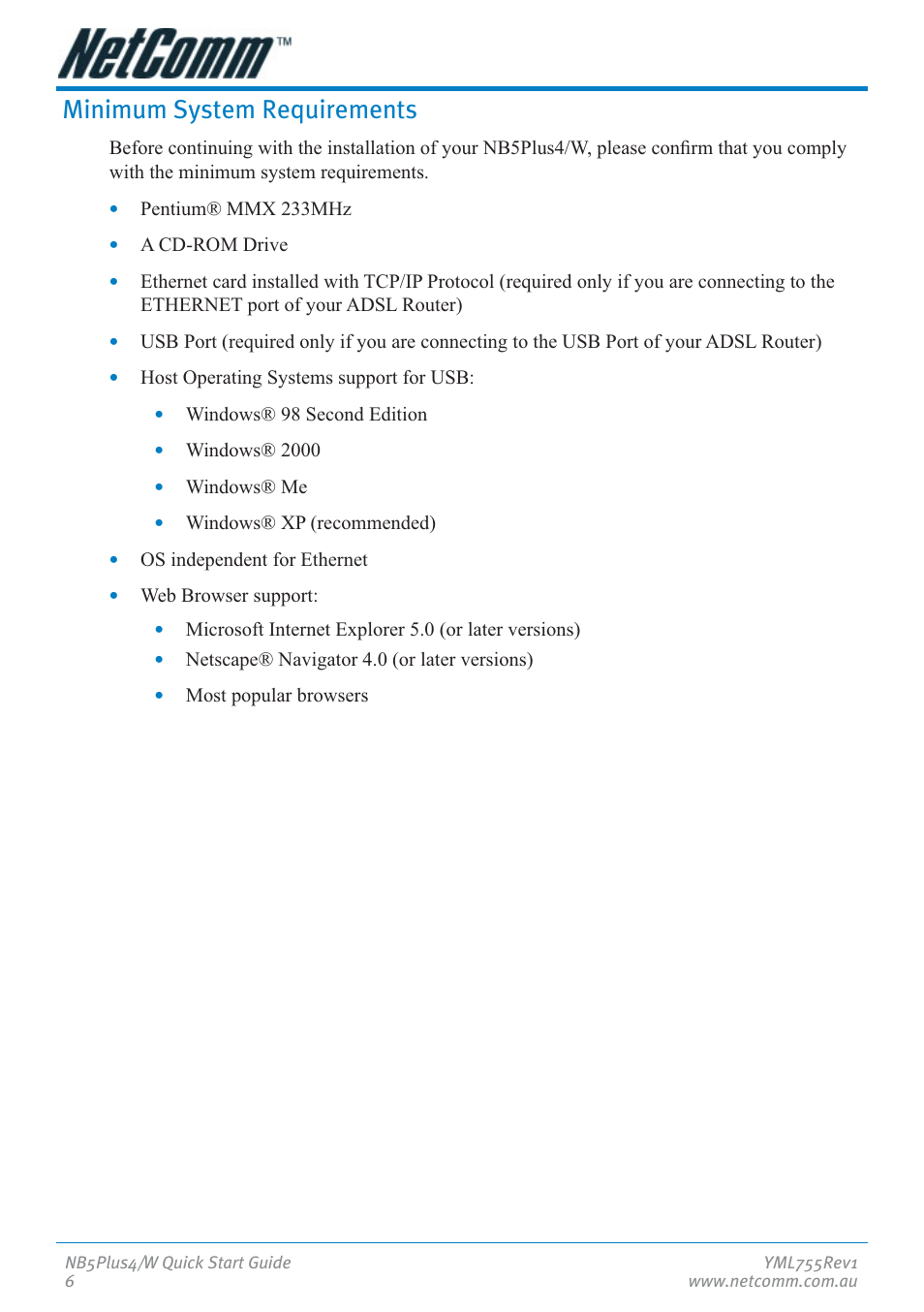 Minimum system requirements | NetComm NB5Plus4 User Manual | Page 6 / 28