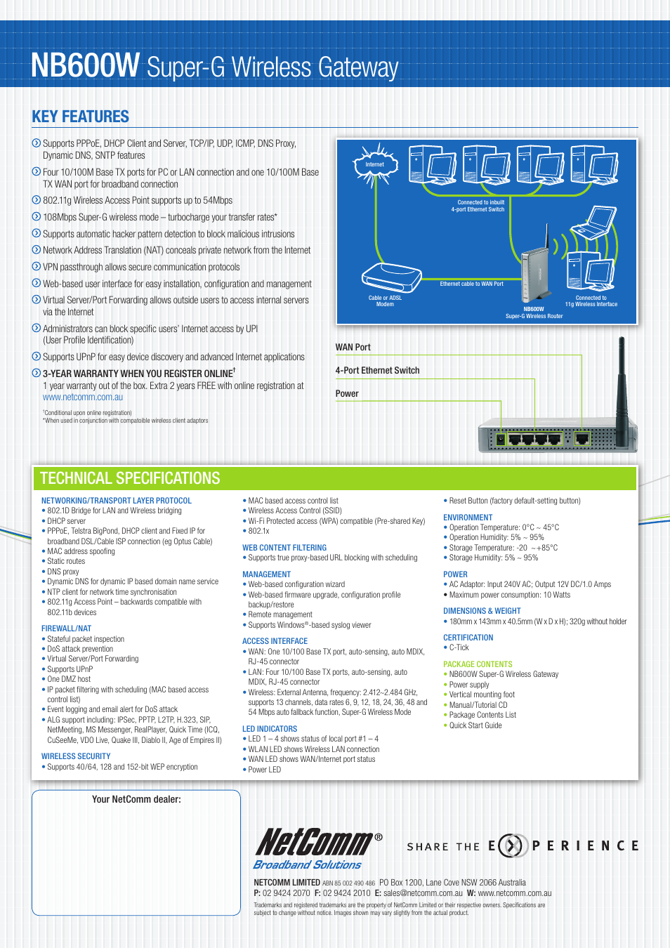 Nb600w, Super-g wireless gateway, Technical specifications | Key features | NetComm NB600W User Manual | Page 2 / 2