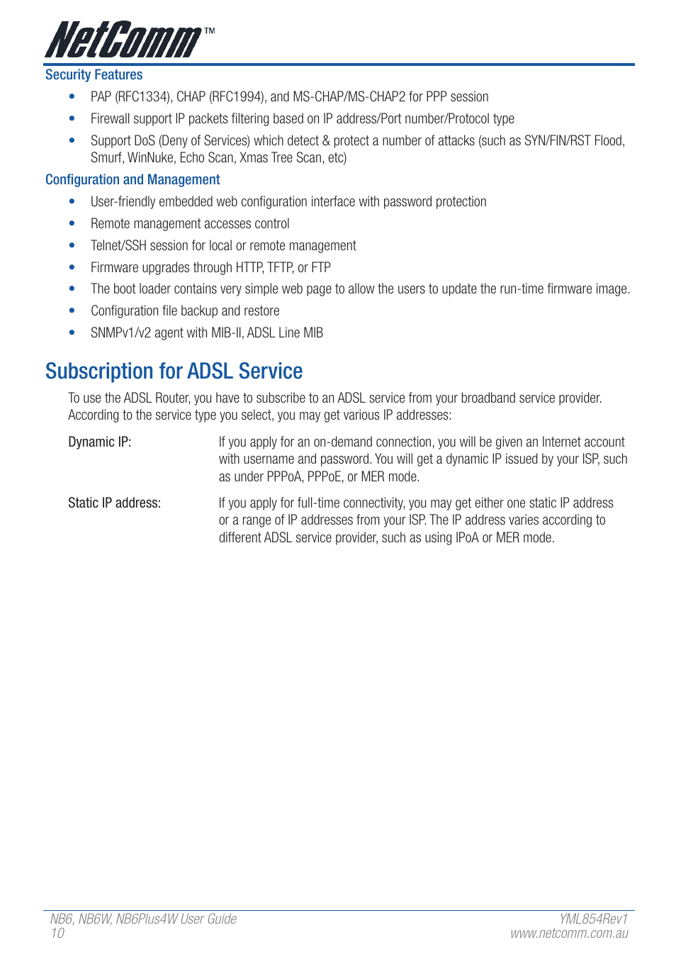 Subscription for adsl service | NetComm NB6 User Manual | Page 10 / 152