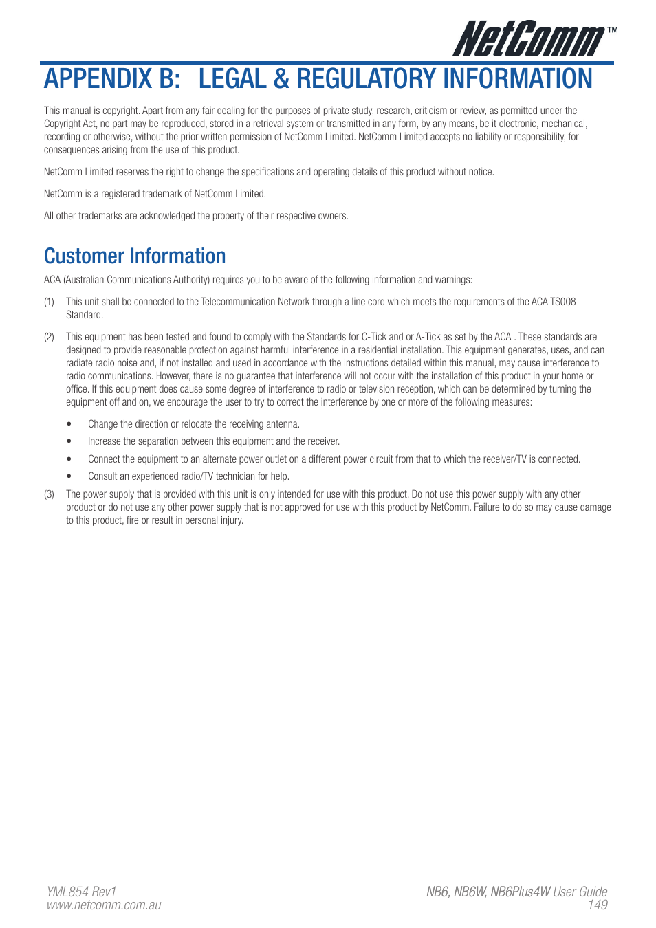 Appendix b: legal & regulatory information, Customer information | NetComm NB6 User Manual | Page 149 / 152