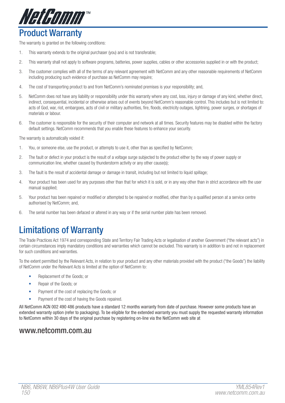 Product warranty, Limitations of warranty | NetComm NB6 User Manual | Page 150 / 152