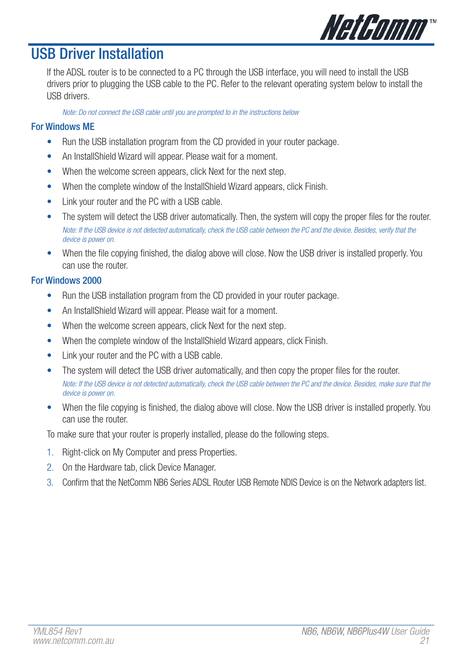 Usb driver installation | NetComm NB6 User Manual | Page 21 / 152