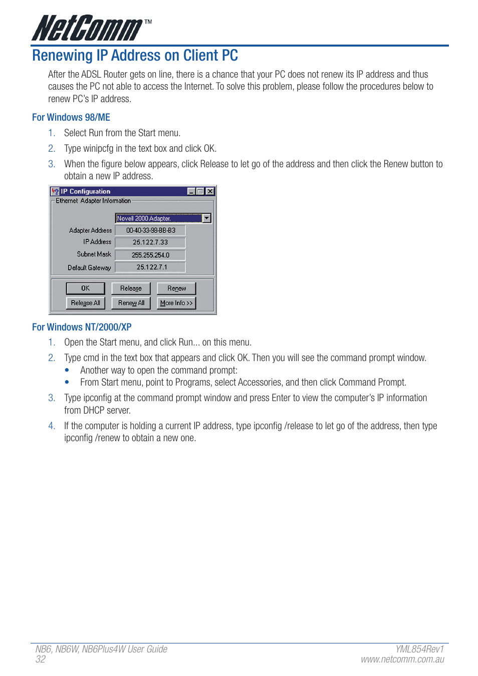 Renewing ip address on client pc | NetComm NB6 User Manual | Page 32 / 152