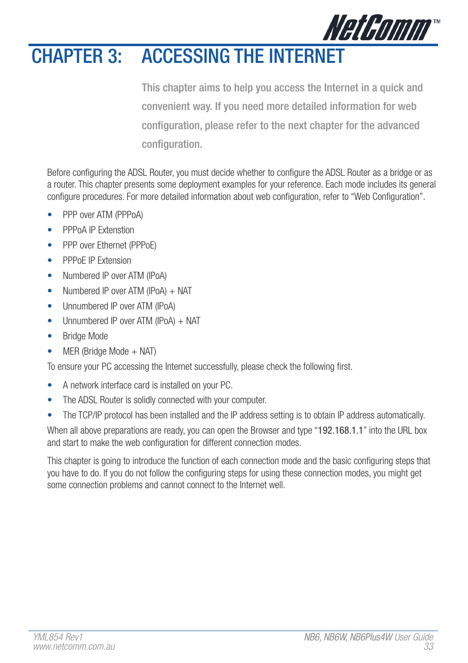 Chapter 3: accessing the internet | NetComm NB6 User Manual | Page 33 / 152