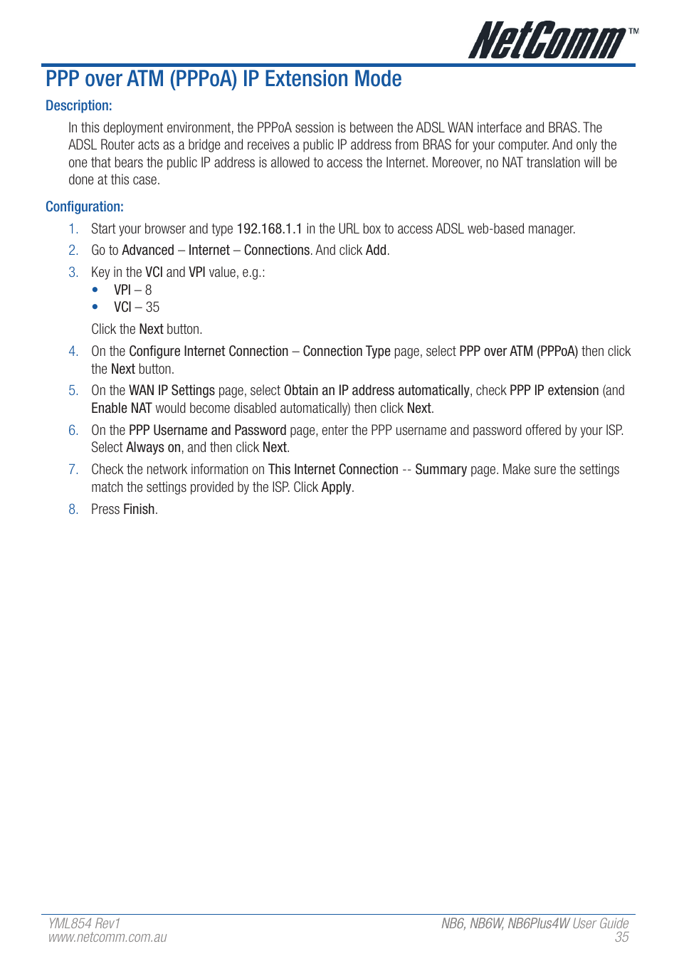 Ppp over atm (pppoa) ip extension mode | NetComm NB6 User Manual | Page 35 / 152