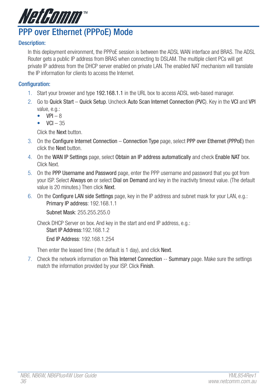 Ppp over ethernet (pppoe) mode | NetComm NB6 User Manual | Page 36 / 152
