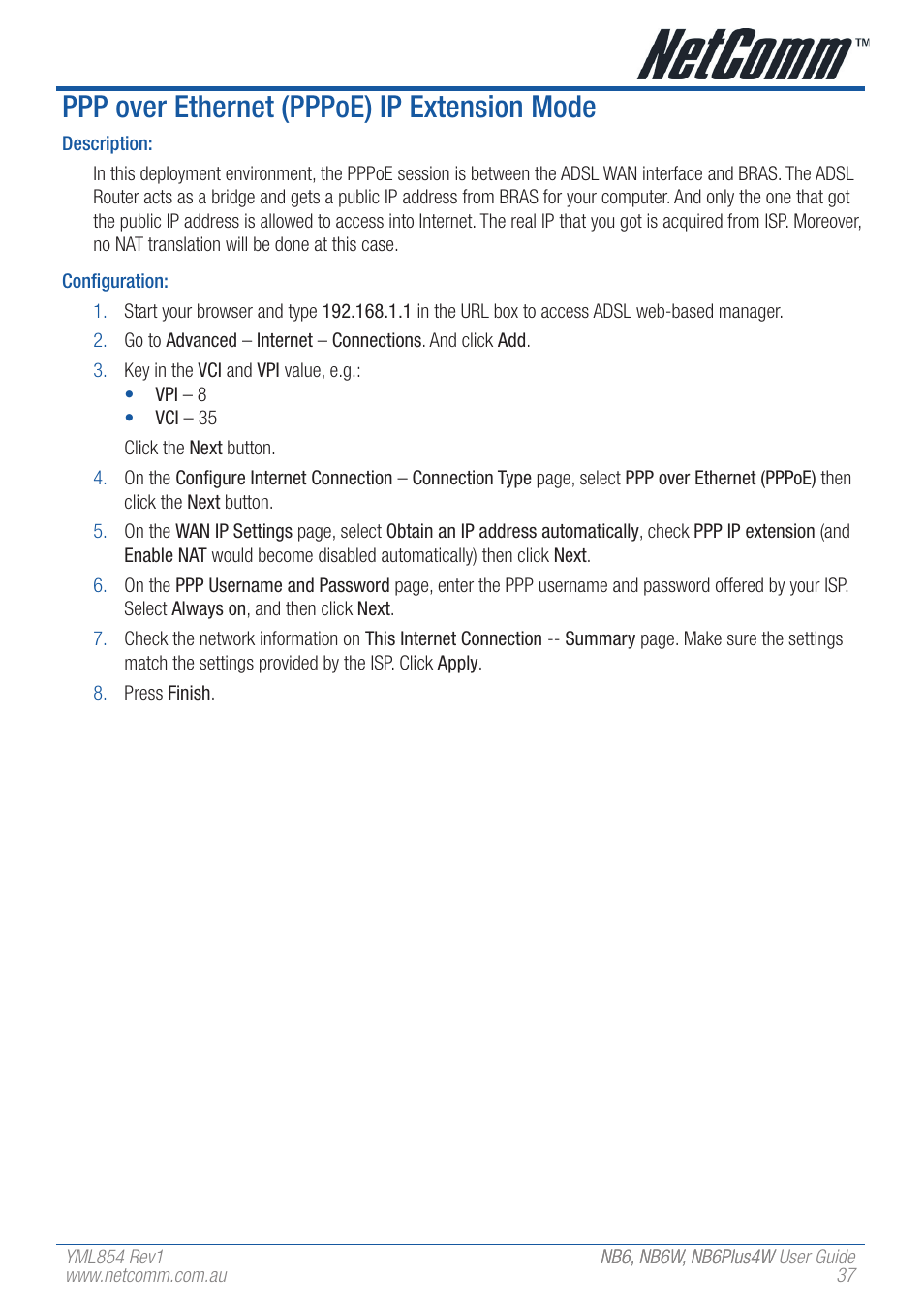 Ppp over ethernet (pppoe) ip extension mode | NetComm NB6 User Manual | Page 37 / 152
