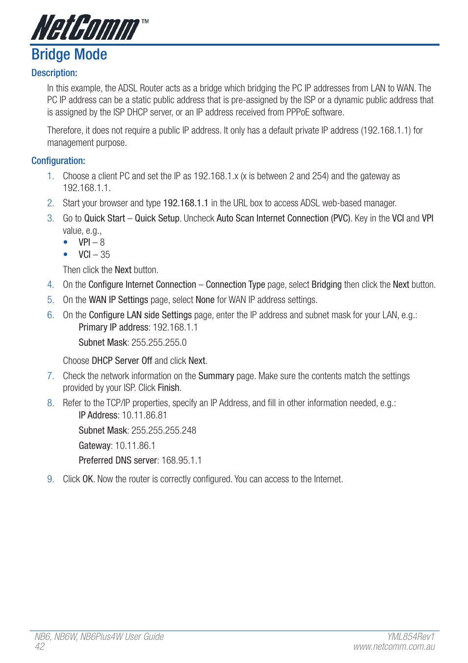 Bridge mode | NetComm NB6 User Manual | Page 42 / 152