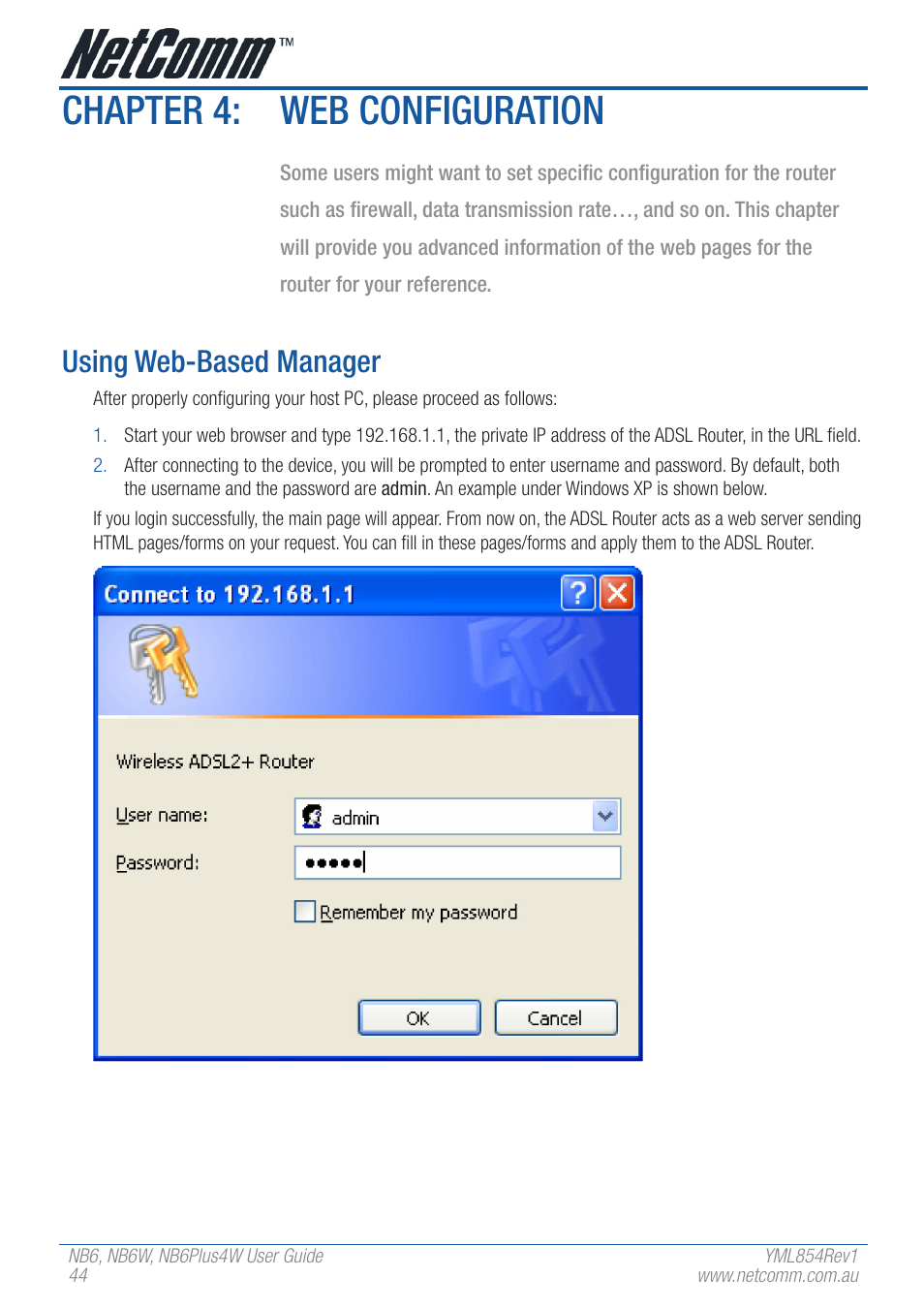 Chapter 4: web configuration, Using web-based manager | NetComm NB6 User Manual | Page 44 / 152