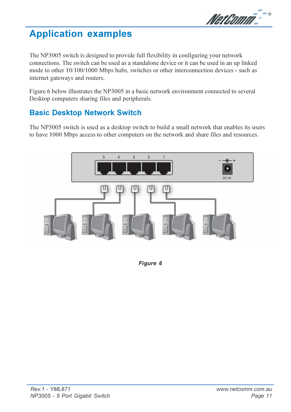 Application examples, Basic desktop network switch | NetComm 5 Port Gigabit Switch NP3005 User Manual | Page 11 / 20