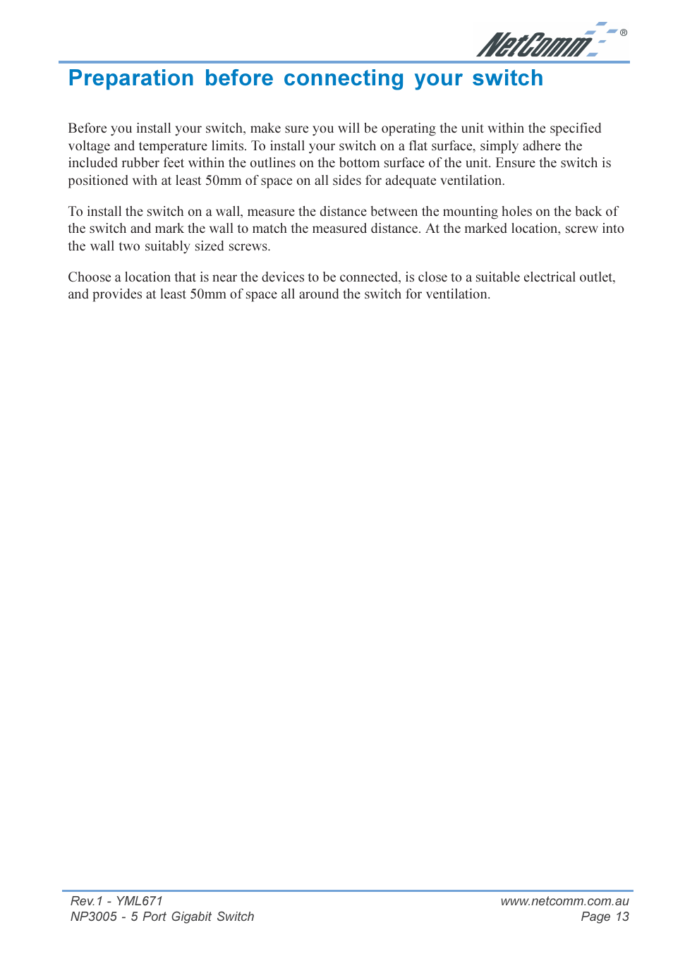 Preparation before connecting your switch | NetComm 5 Port Gigabit Switch NP3005 User Manual | Page 13 / 20