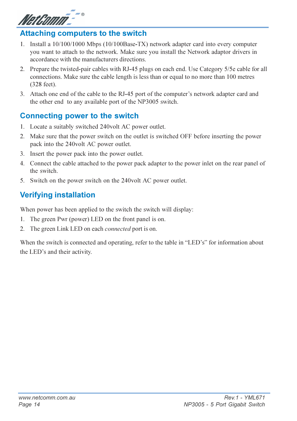 Attaching computers to the switch, Connecting power to the switch, Verifying installation | NetComm 5 Port Gigabit Switch NP3005 User Manual | Page 14 / 20