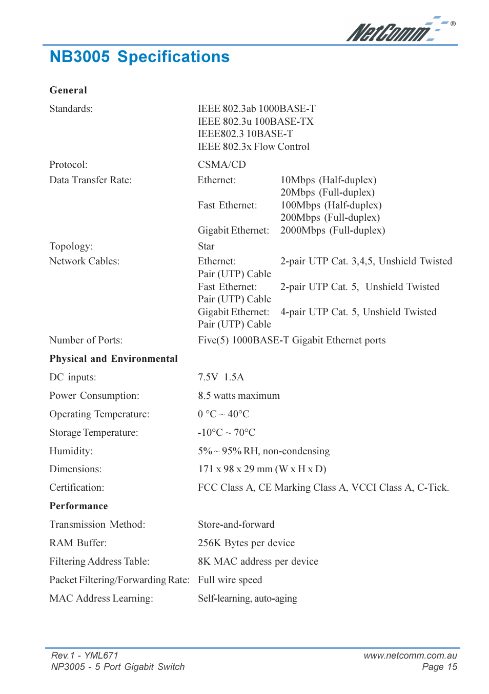 Nb3005 specifications | NetComm 5 Port Gigabit Switch NP3005 User Manual | Page 15 / 20