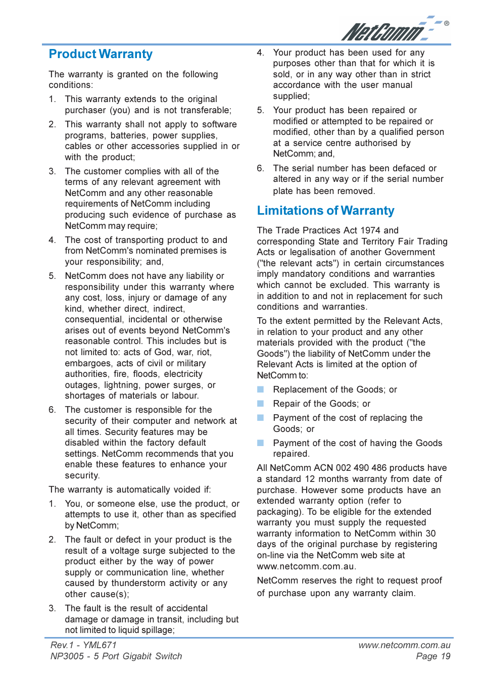 Product warranty, Limitations of warranty, Product warranty limitations of warranty | NetComm 5 Port Gigabit Switch NP3005 User Manual | Page 19 / 20