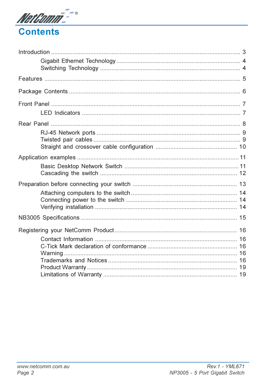 NetComm 5 Port Gigabit Switch NP3005 User Manual | Page 2 / 20