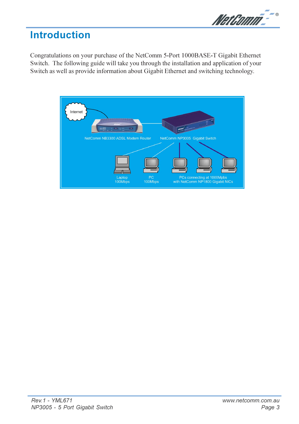 Introduction | NetComm 5 Port Gigabit Switch NP3005 User Manual | Page 3 / 20
