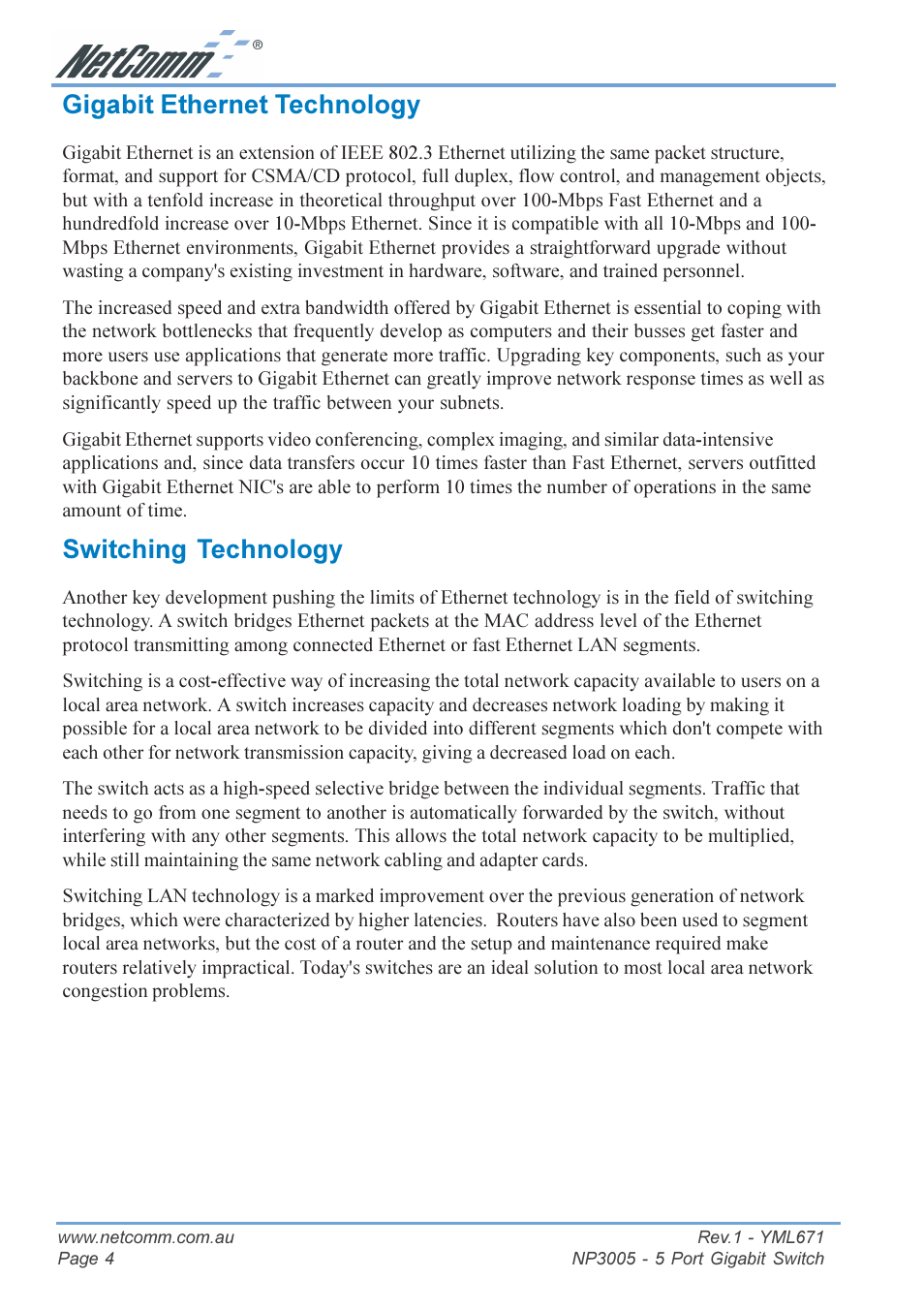Gigabit ethernet technology, Switching technology, Gigabit ethernet technology switching technology | NetComm 5 Port Gigabit Switch NP3005 User Manual | Page 4 / 20