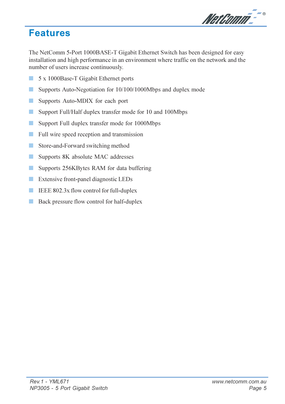 Features | NetComm 5 Port Gigabit Switch NP3005 User Manual | Page 5 / 20
