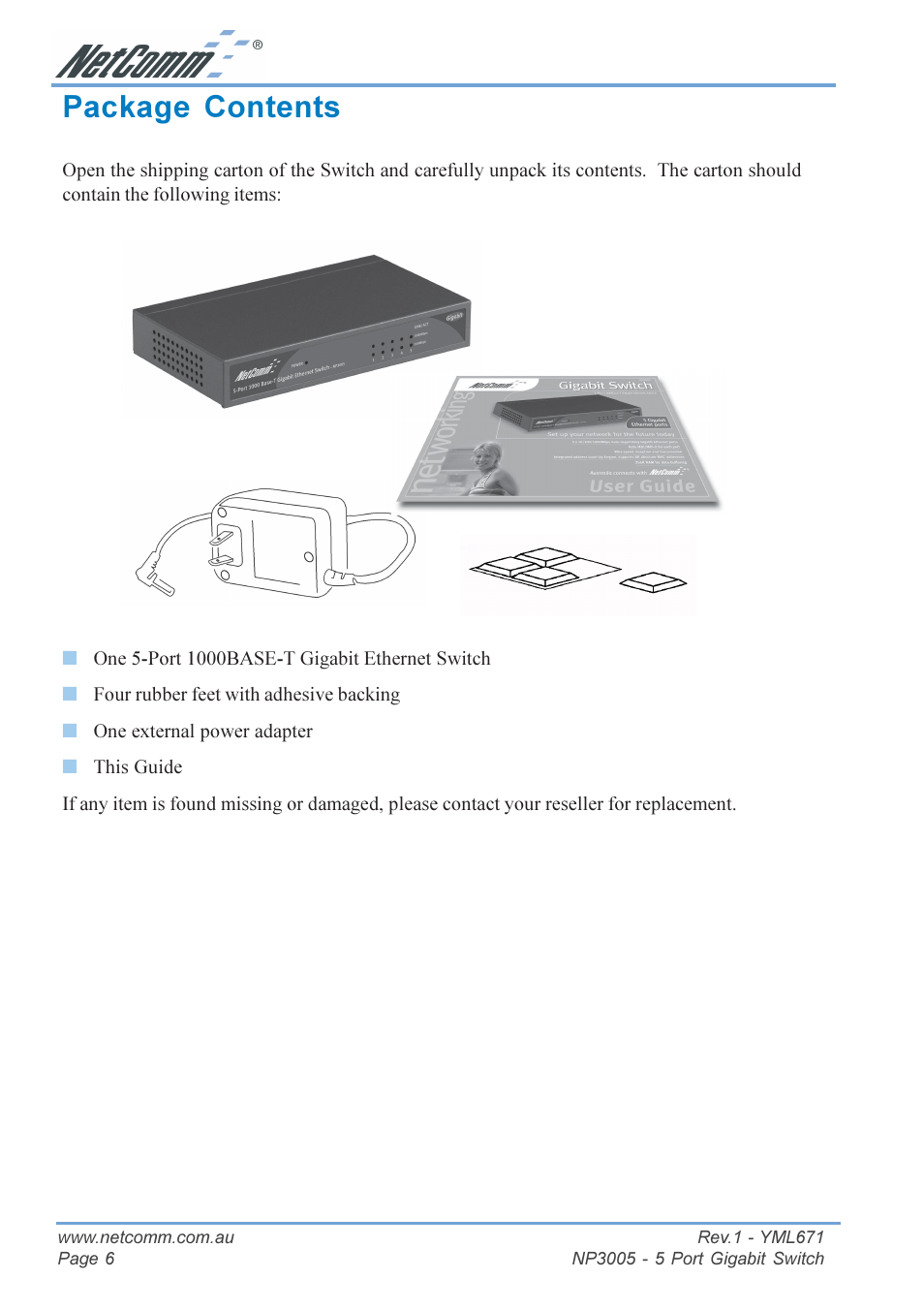 Package contents | NetComm 5 Port Gigabit Switch NP3005 User Manual | Page 6 / 20
