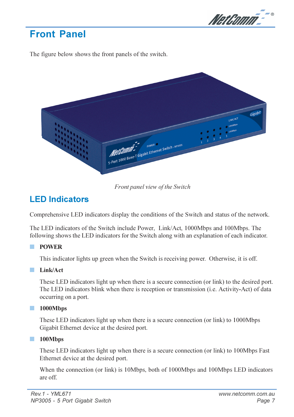 Front panel, Led indicators | NetComm 5 Port Gigabit Switch NP3005 User Manual | Page 7 / 20