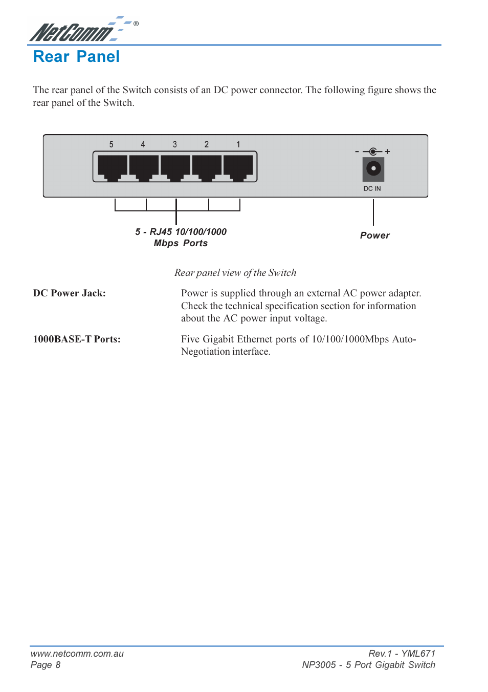 Rear panel | NetComm 5 Port Gigabit Switch NP3005 User Manual | Page 8 / 20