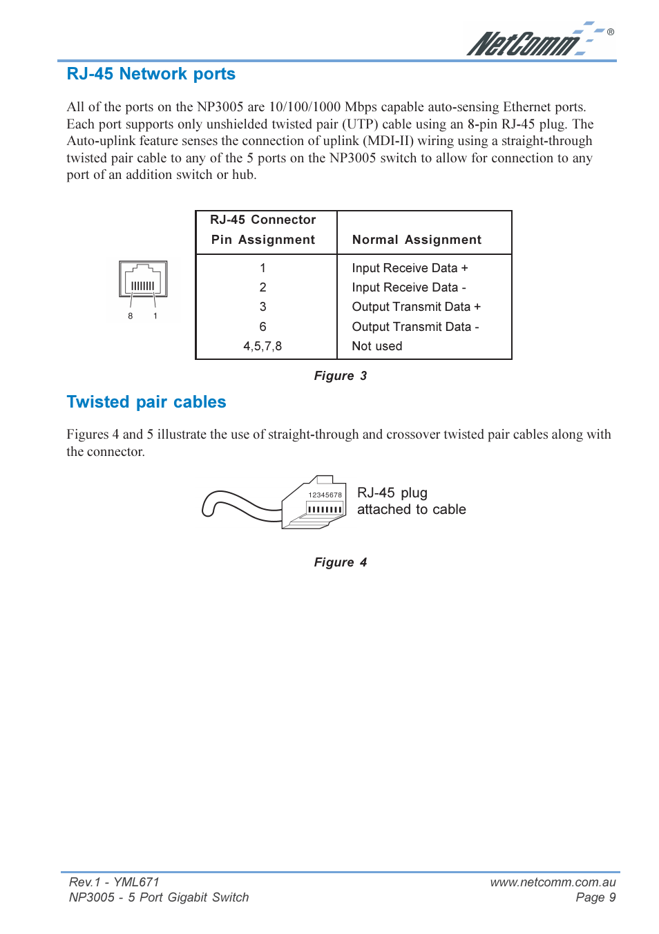 Rj-45 network ports, Twisted pair cables, Rj-45 network ports twisted pair cables | NetComm 5 Port Gigabit Switch NP3005 User Manual | Page 9 / 20