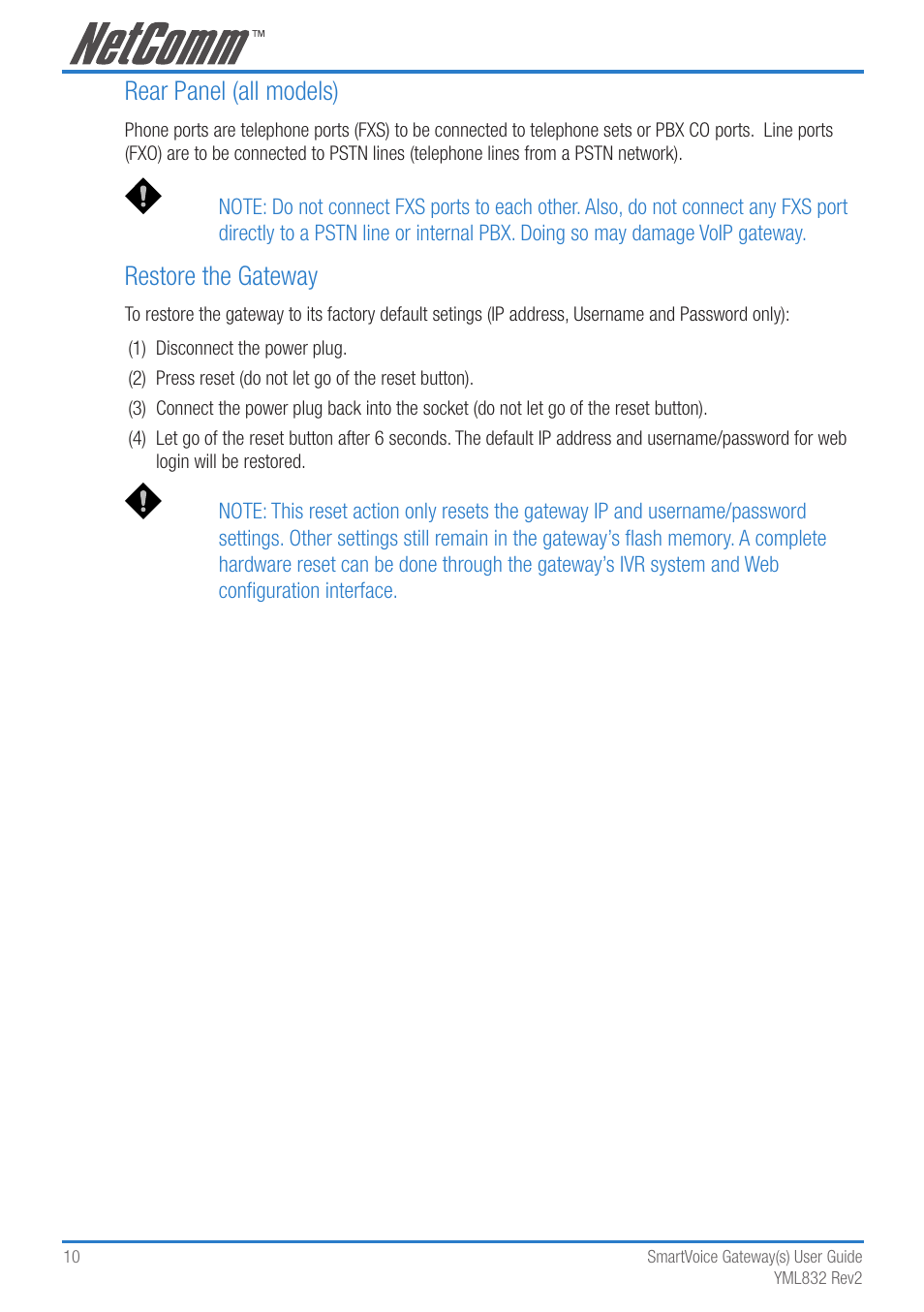 Rear panel (all models), Restore the gateway | NetComm 4-port and 8-port Gateways Gateway Series User Manual | Page 10 / 94