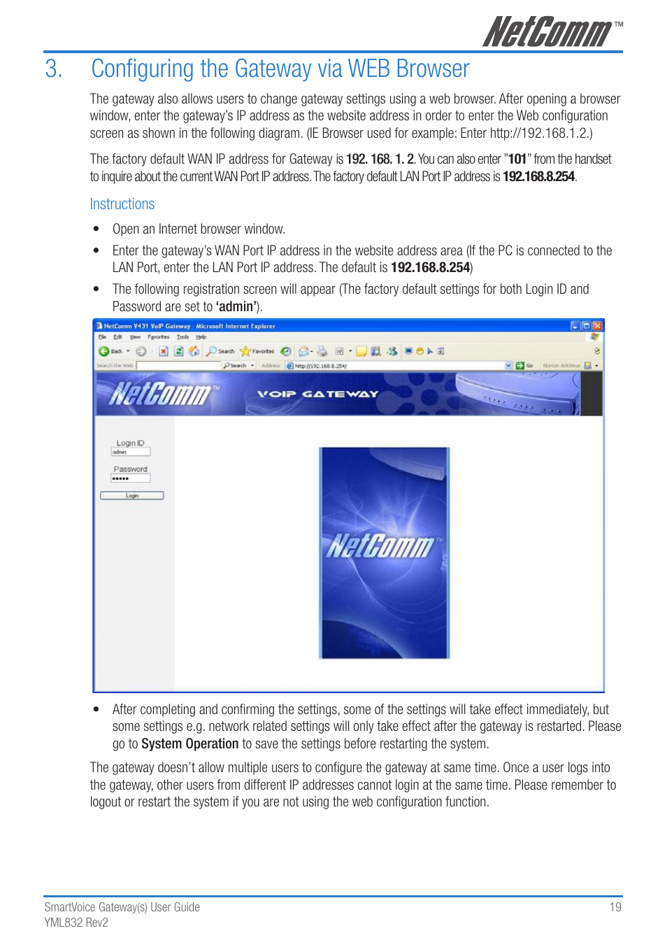 Configuring the gateway via web browser | NetComm 4-port and 8-port Gateways Gateway Series User Manual | Page 19 / 94