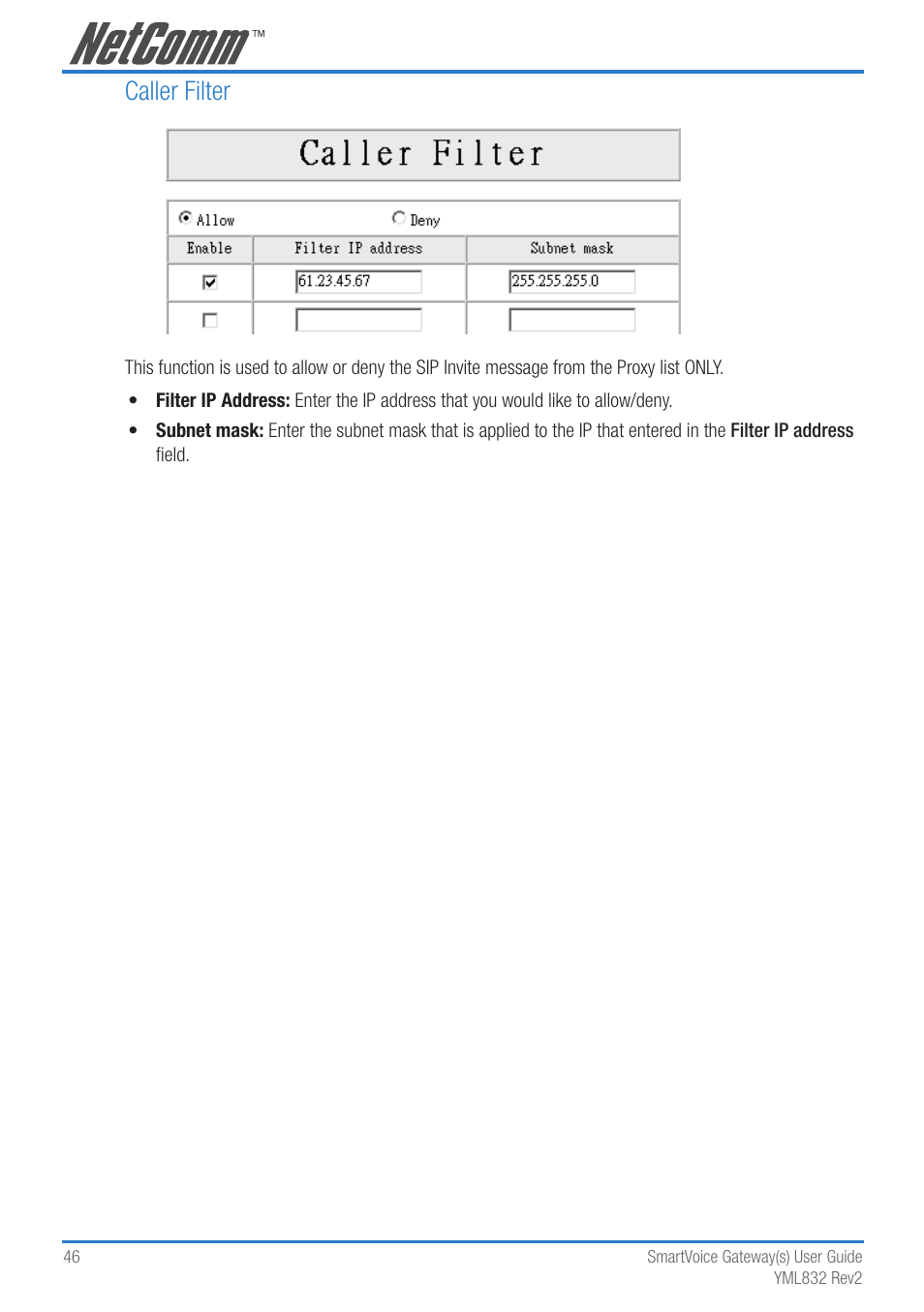 Caller filter | NetComm 4-port and 8-port Gateways Gateway Series User Manual | Page 46 / 94