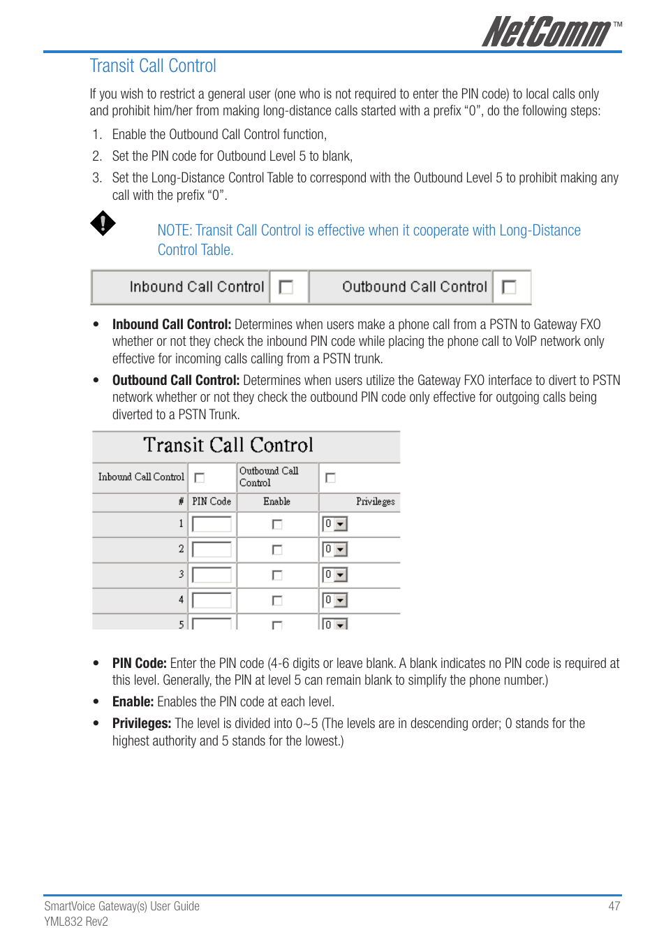Transit call control | NetComm 4-port and 8-port Gateways Gateway Series User Manual | Page 47 / 94