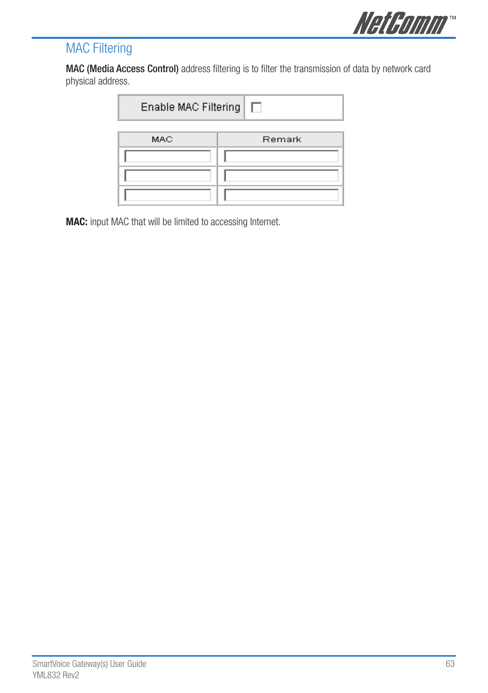 Mac filtering | NetComm 4-port and 8-port Gateways Gateway Series User Manual | Page 63 / 94