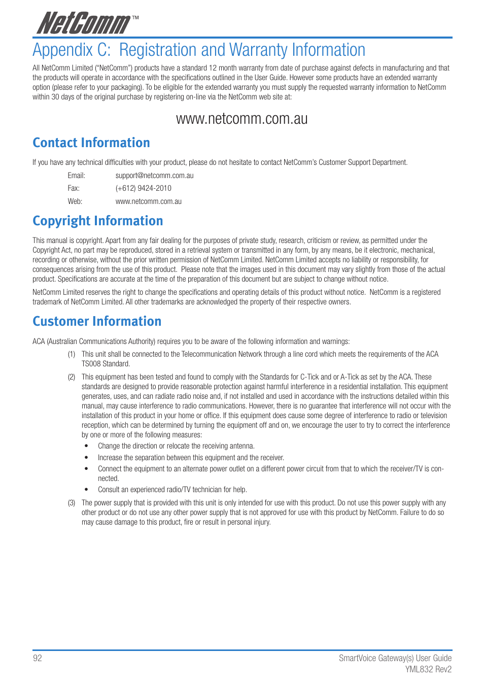 Appendix c: registration and warranty information, Contact information, Copyright information | Customer information | NetComm 4-port and 8-port Gateways Gateway Series User Manual | Page 92 / 94