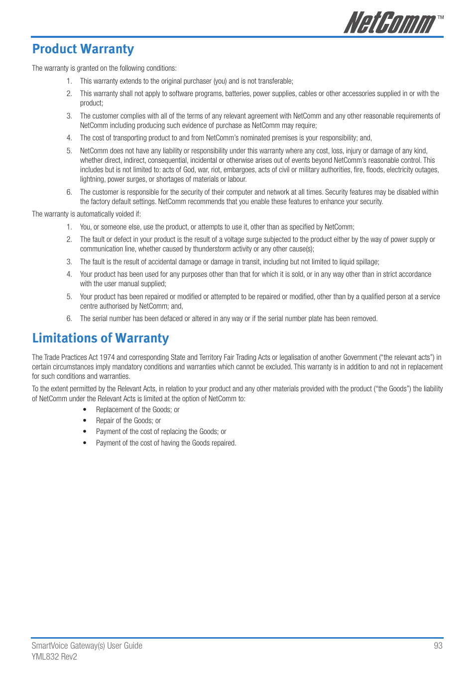 Product warranty, Limitations of warranty | NetComm 4-port and 8-port Gateways Gateway Series User Manual | Page 93 / 94