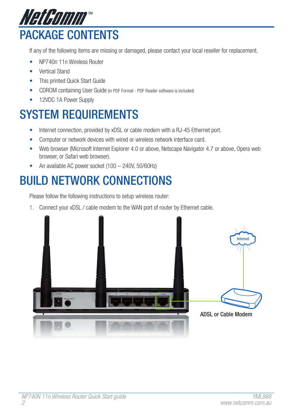 Package contents, System requirements, Build network connections | NetComm NP740N User Manual | Page 2 / 8