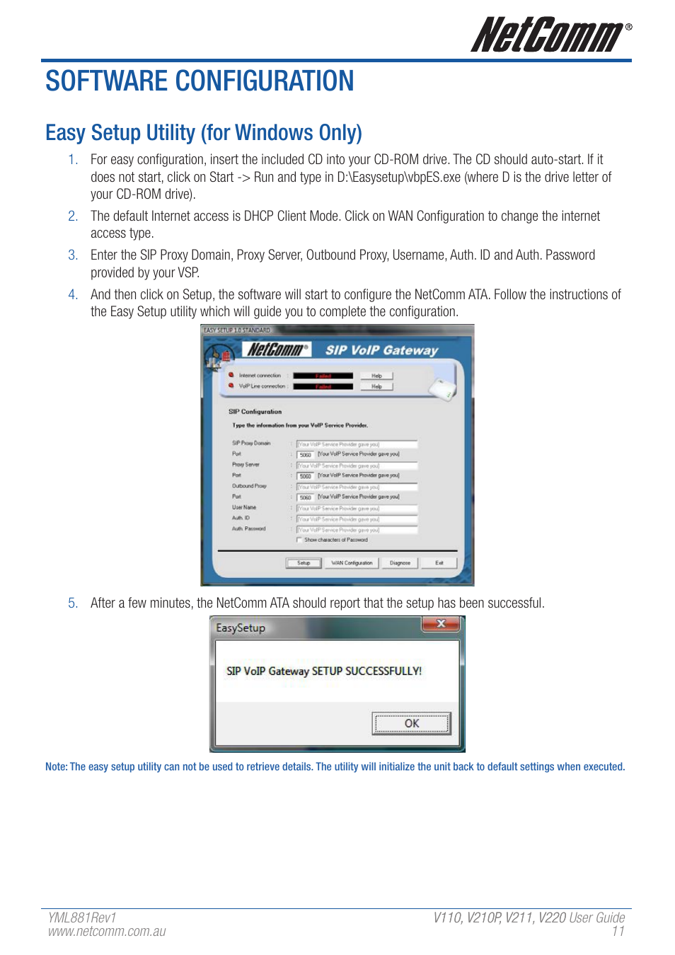 Software configuration, Easy setup utility (for windows only) | NetComm V110 User Manual | Page 11 / 68