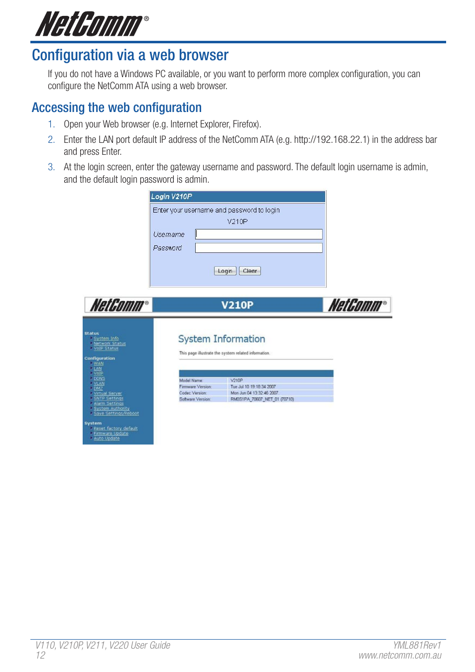 Configuration via a web browser, Accessing the web configuration | NetComm V110 User Manual | Page 12 / 68