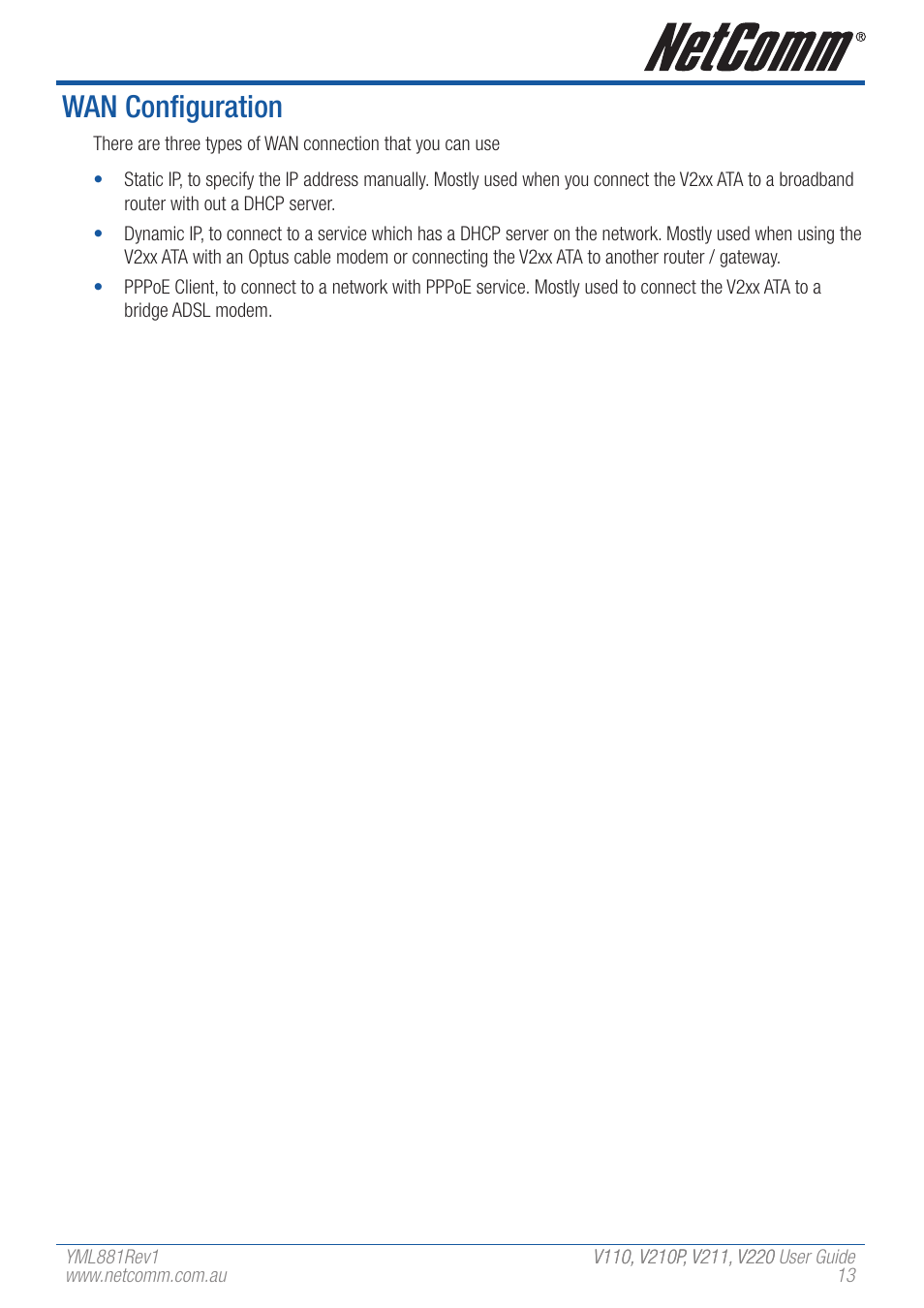 Wan configuration | NetComm V110 User Manual | Page 13 / 68