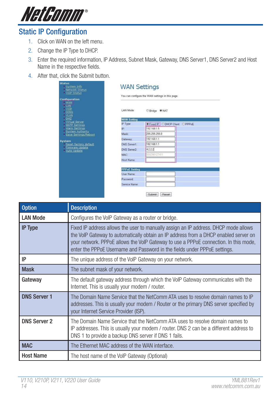 Static ip configuration | NetComm V110 User Manual | Page 14 / 68