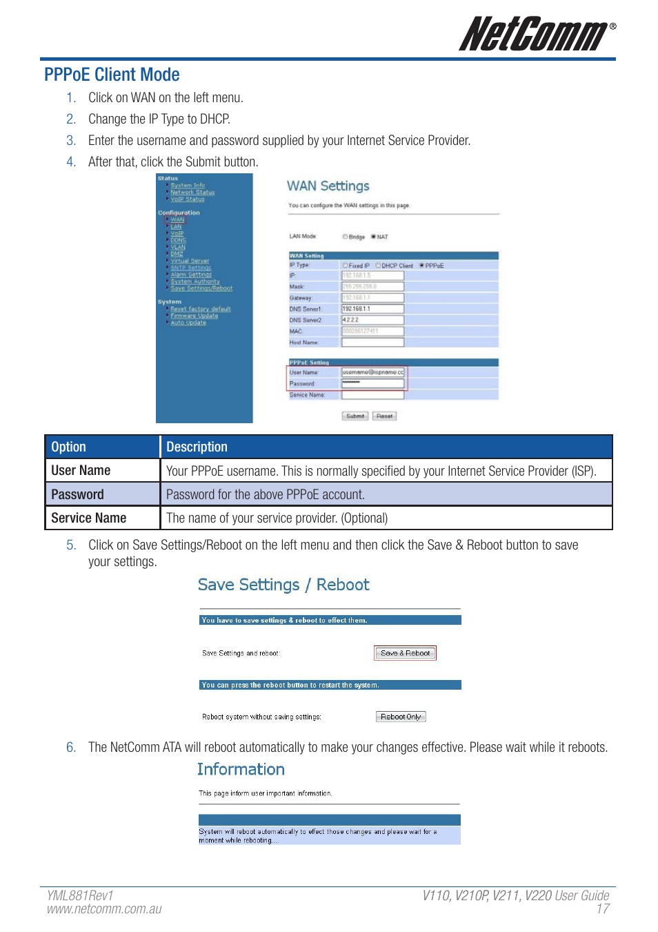 Pppoe client mode | NetComm V110 User Manual | Page 17 / 68