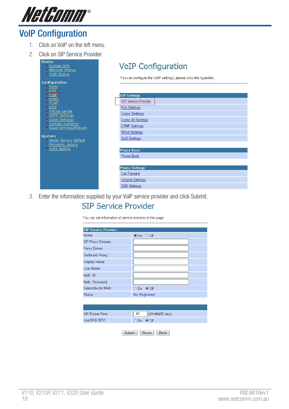 Voip configuration | NetComm V110 User Manual | Page 18 / 68