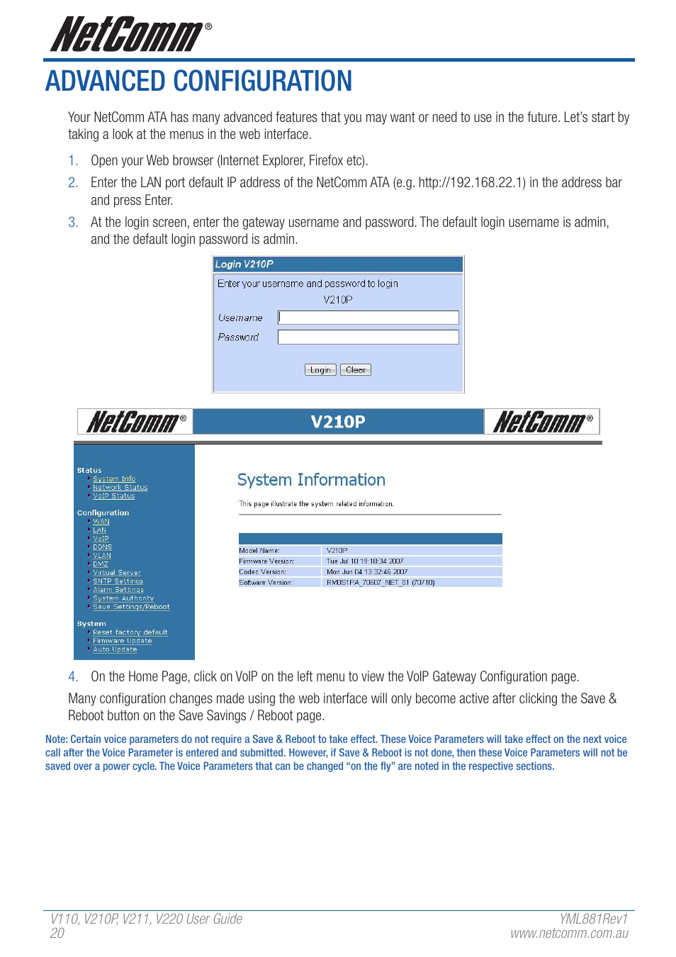 Advanced configuration | NetComm V110 User Manual | Page 20 / 68