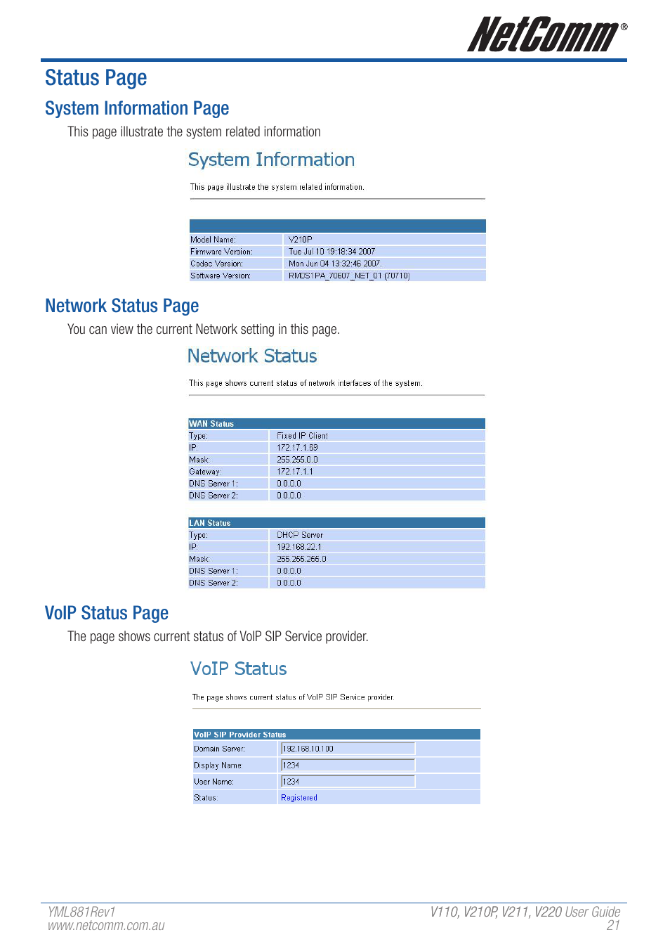 Status page, System information page, Network status page | Voip status page | NetComm V110 User Manual | Page 21 / 68