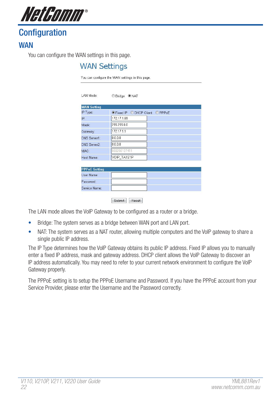 Configuration | NetComm V110 User Manual | Page 22 / 68