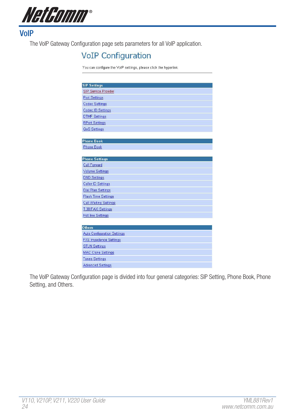 Voip | NetComm V110 User Manual | Page 24 / 68