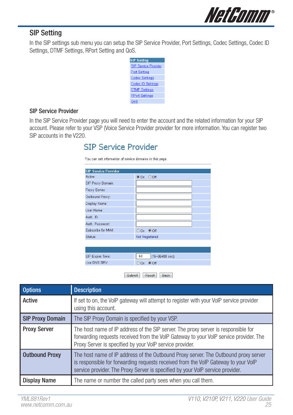 Sip setting | NetComm V110 User Manual | Page 25 / 68