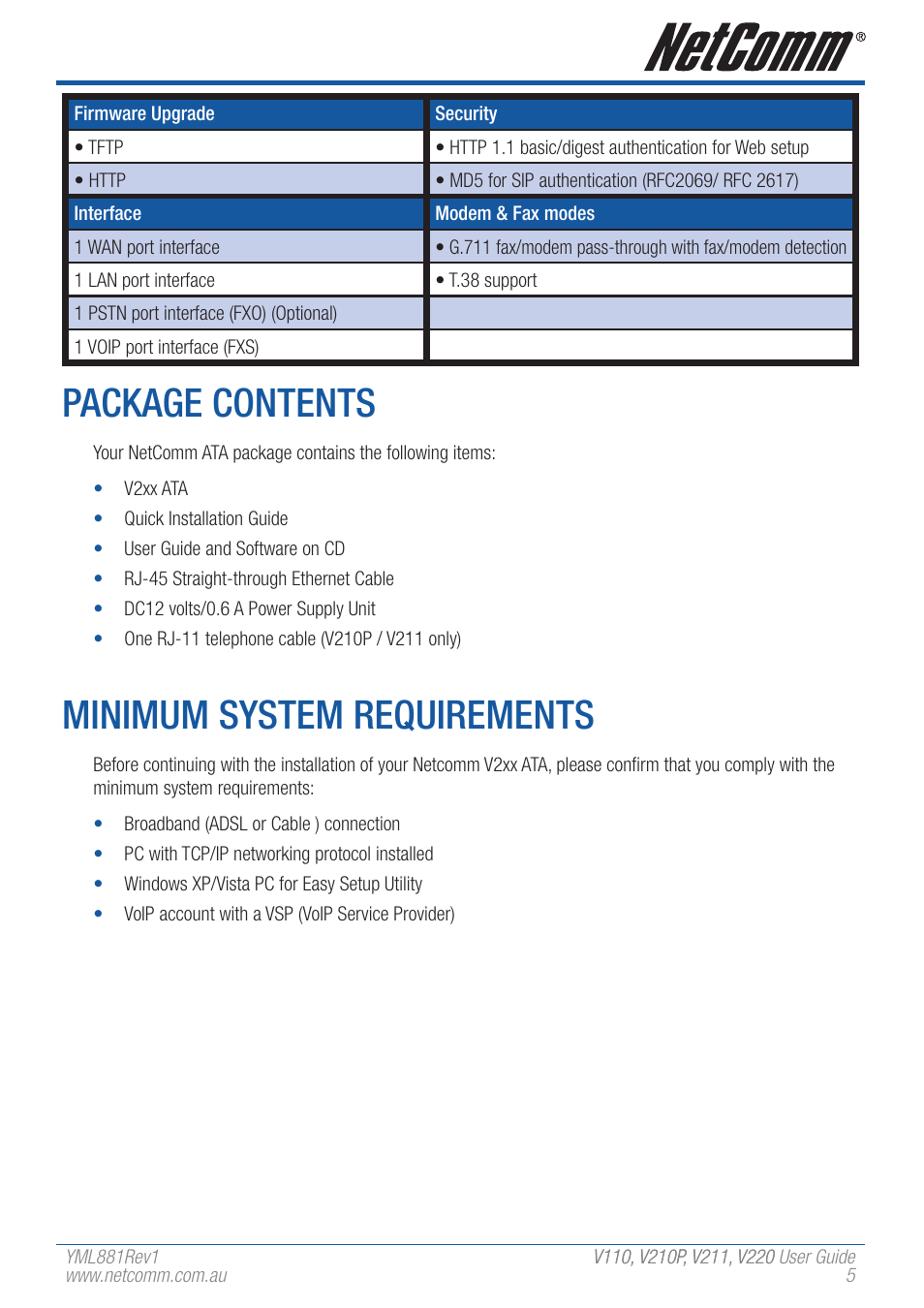 Package contents, Minimum system requirements | NetComm V110 User Manual | Page 5 / 68