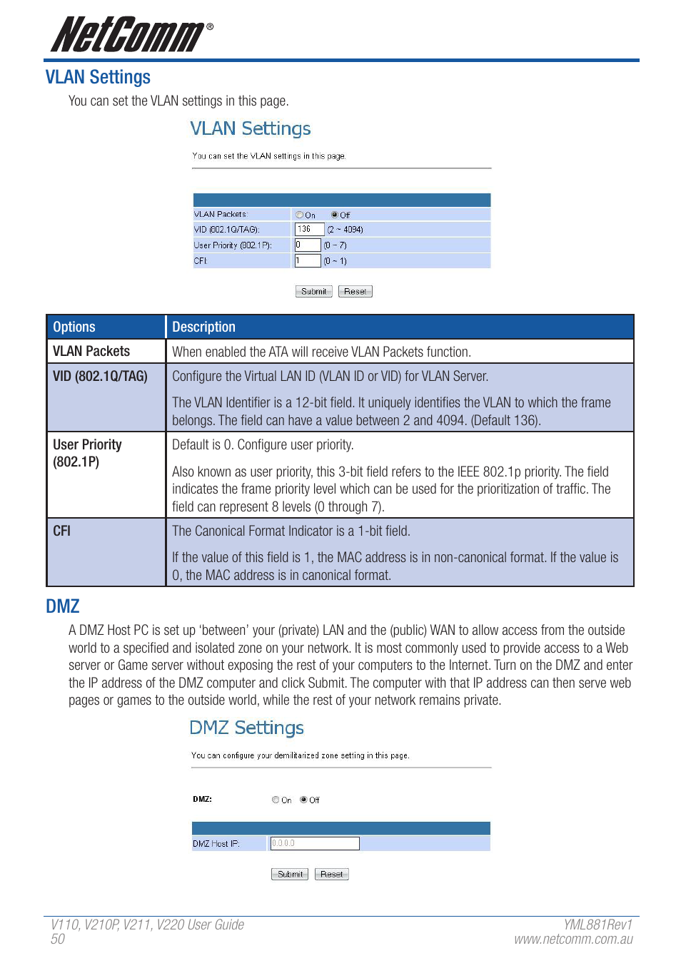 Vlan settings | NetComm V110 User Manual | Page 50 / 68