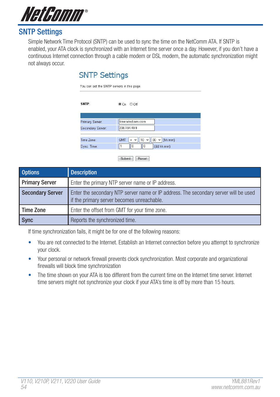 Sntp settings | NetComm V110 User Manual | Page 54 / 68